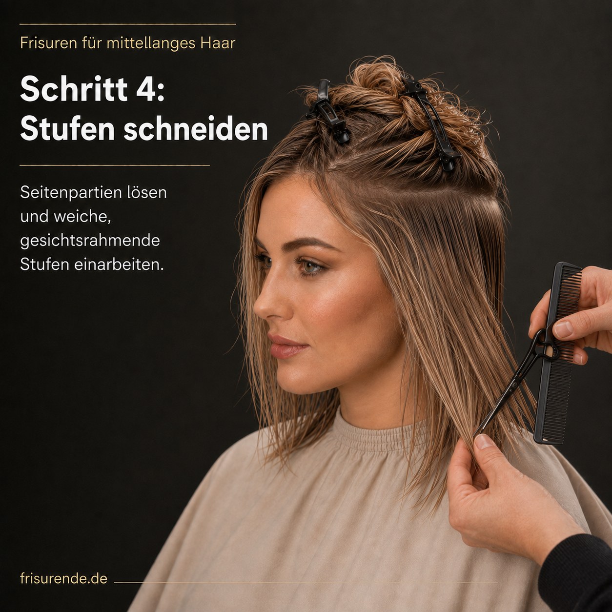 Frisuren für mittellanges Haar: Seitenpartien werden zu weichen Stufen geschnitten