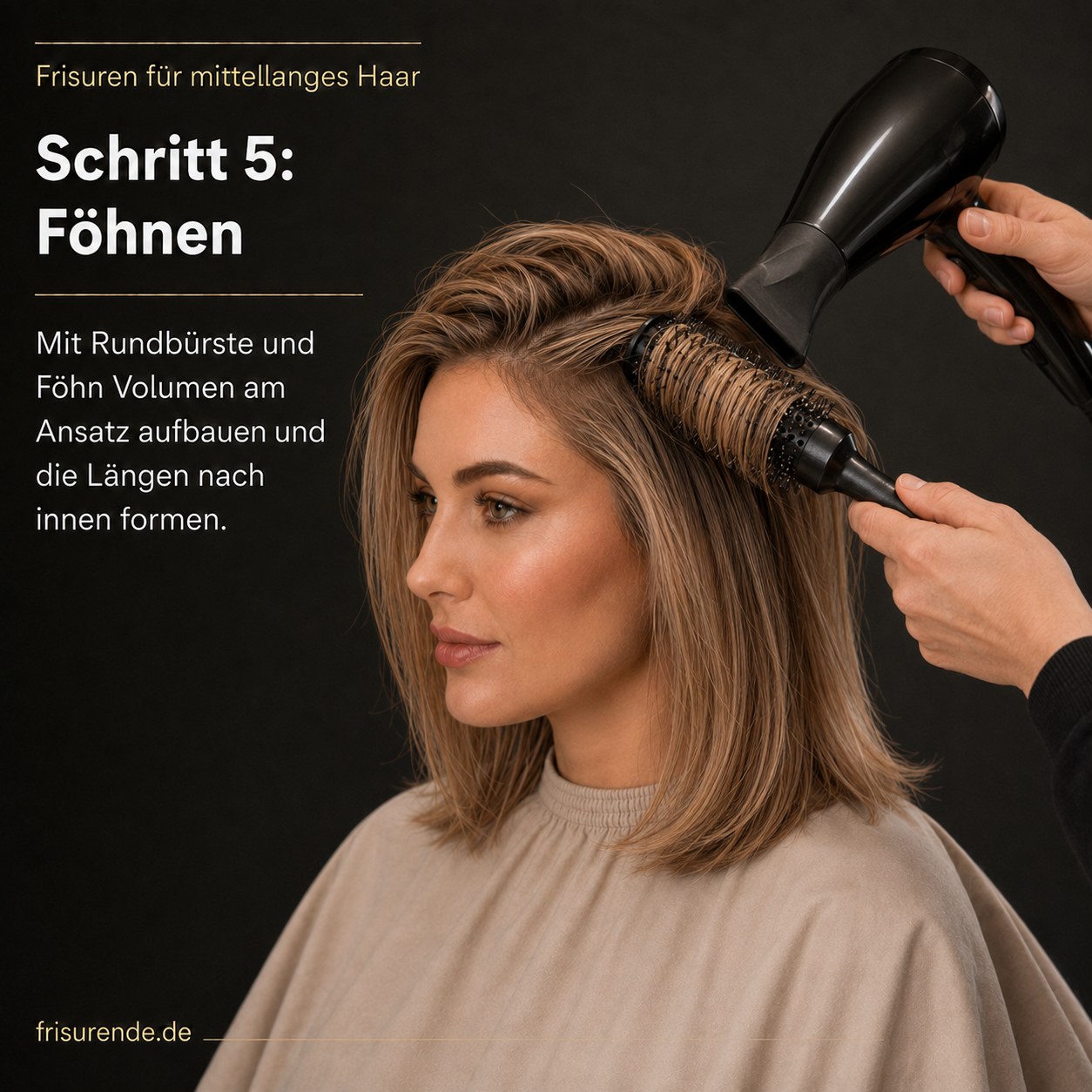 Frisuren für mittellanges Haar: Ansatz wird mit Rundbürste und Föhn voluminös gestylt