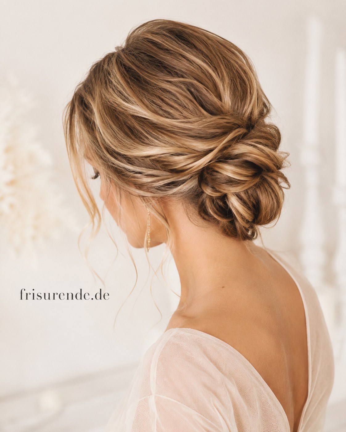 Hochgesteckter Twist-Undo aus mittellangem, stufigem Haar mit seitlich eingearbeitetem Pony