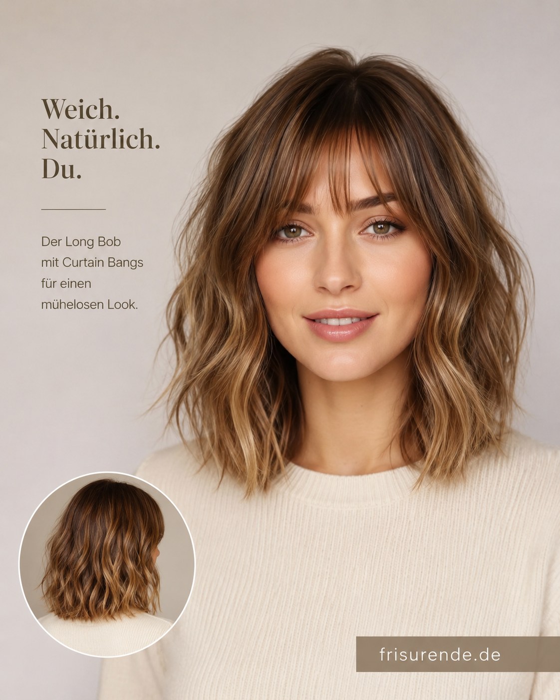Long Bob mittellang stufig mit sanften Curtain Bangs und welliger Struktur