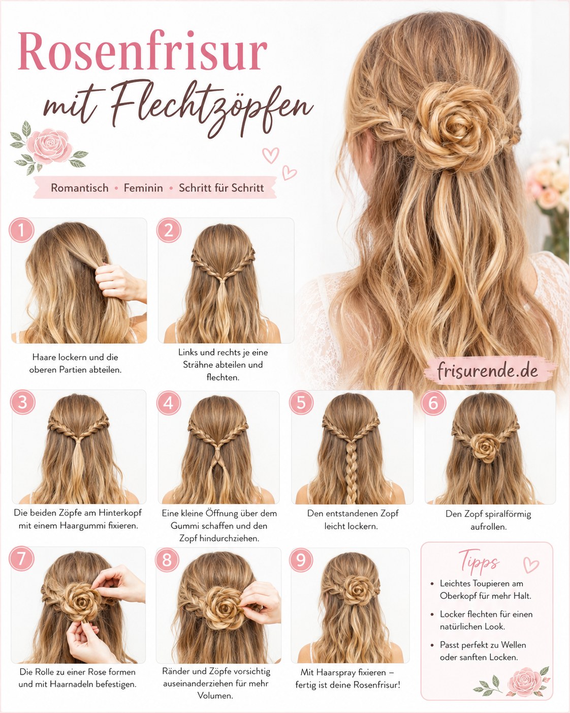 Romantische Rosenfrisur mit Flechtzöpfen als Festfrisur für mittellanges Haar