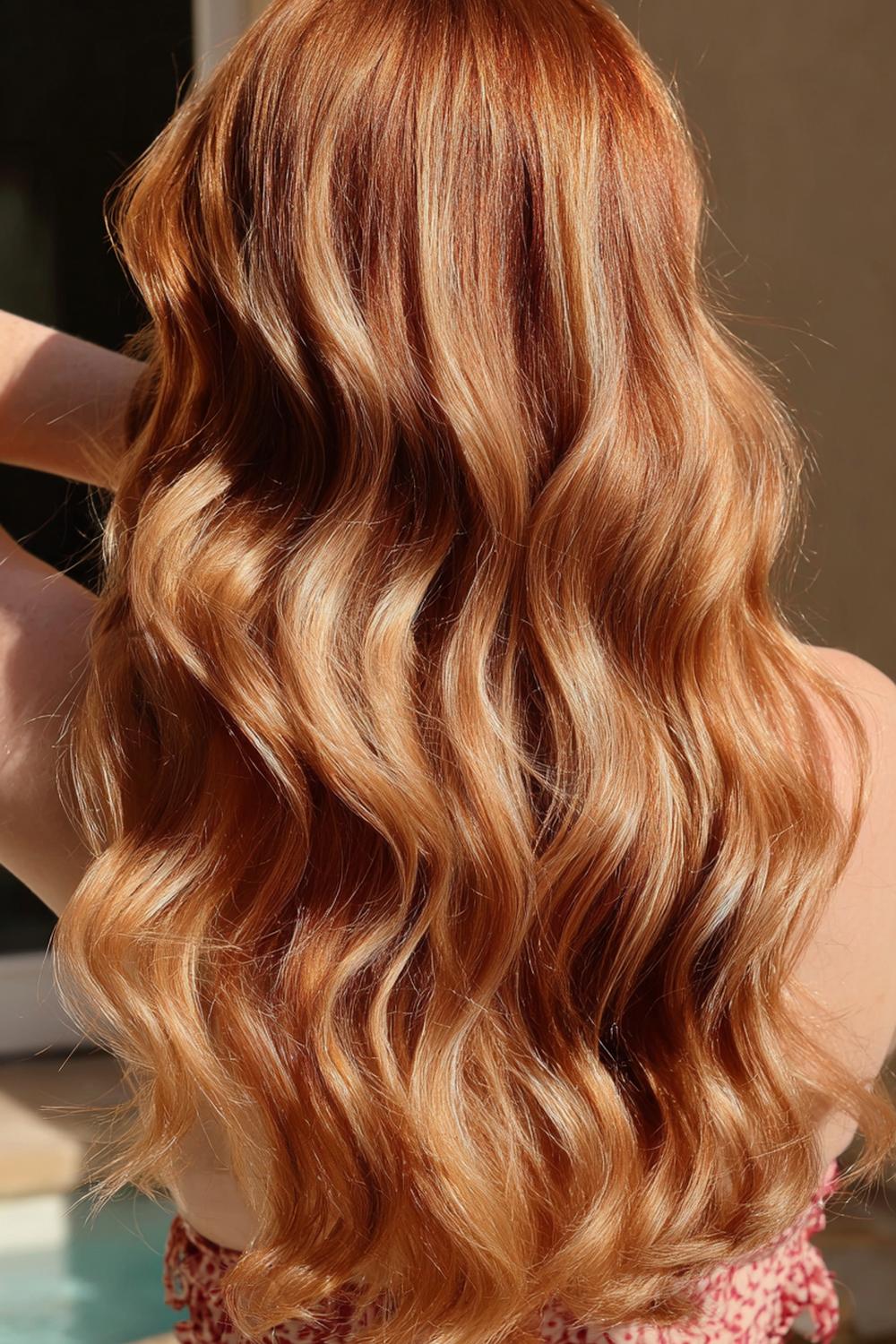 10. Frühlings Haarideen 2026: Kupfer-Glaze im Sonnenlicht mit sanften Wellen und glänzenden Spitzen