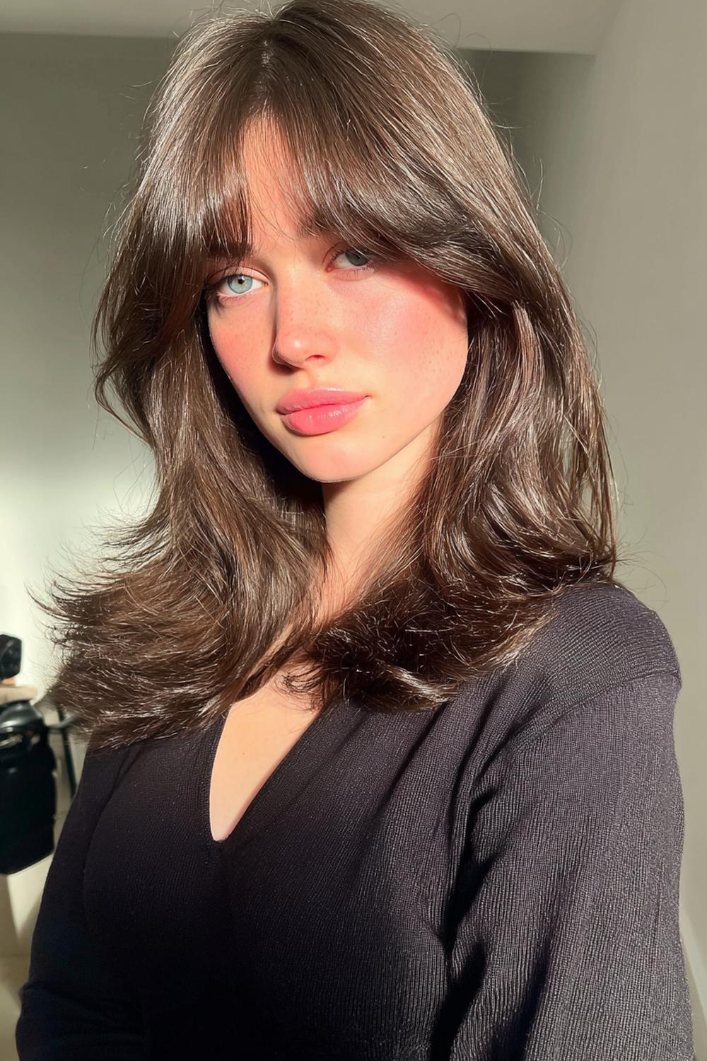 12. Frühlings Haarideen 2026: Curtain Bangs mit fluffigem Föhnstyling und klarer Scheitellinie