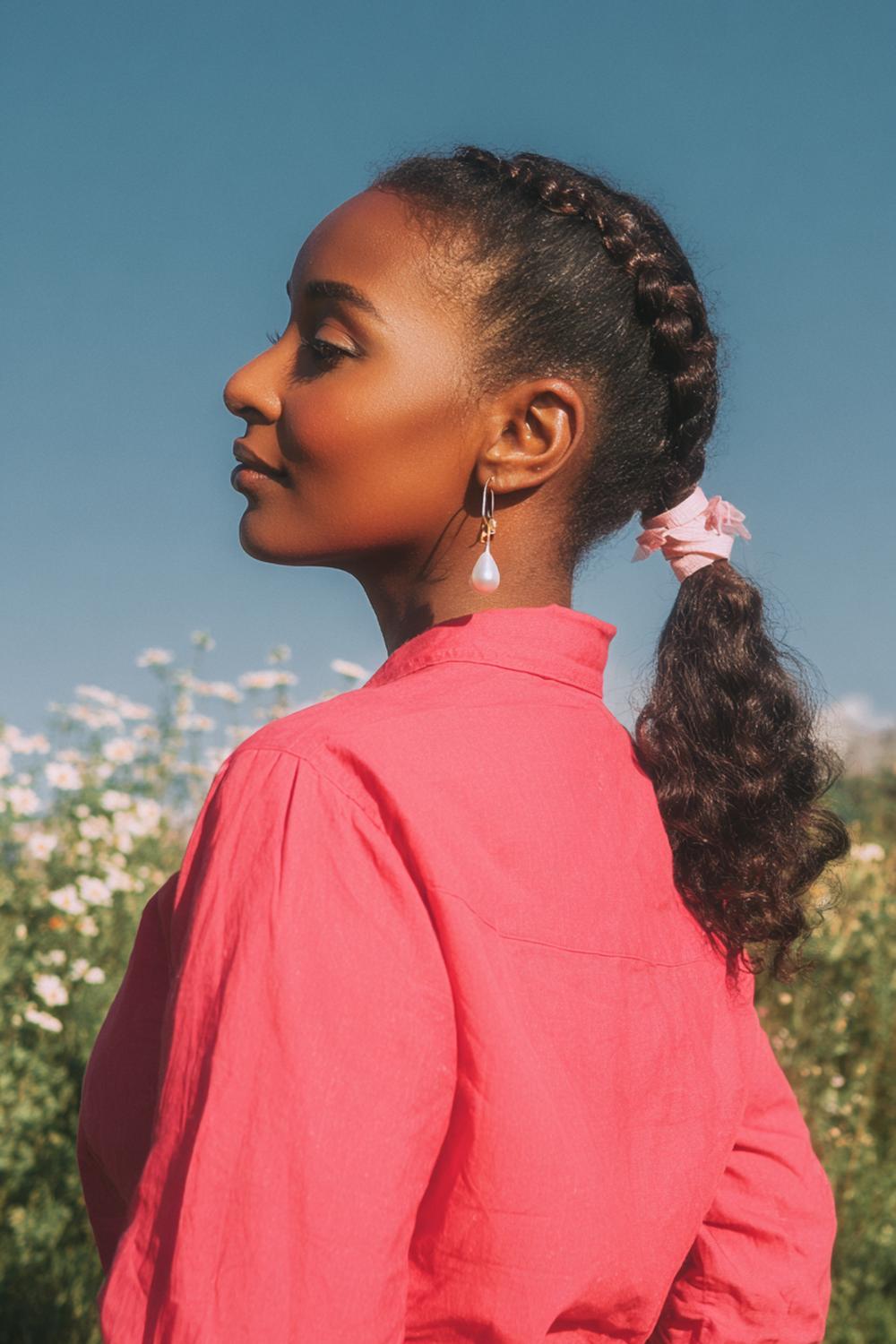 22. Frühlings Haarideen 2026: Geflochtener Low Pony mit Schleifenband und natürlichem Schwung