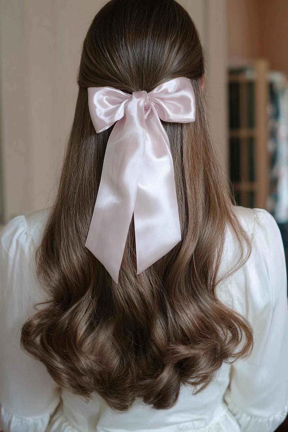 3. Frühlings Haarideen 2026: Half-up Schleifen-Look mit Satinband und weichen Wellen