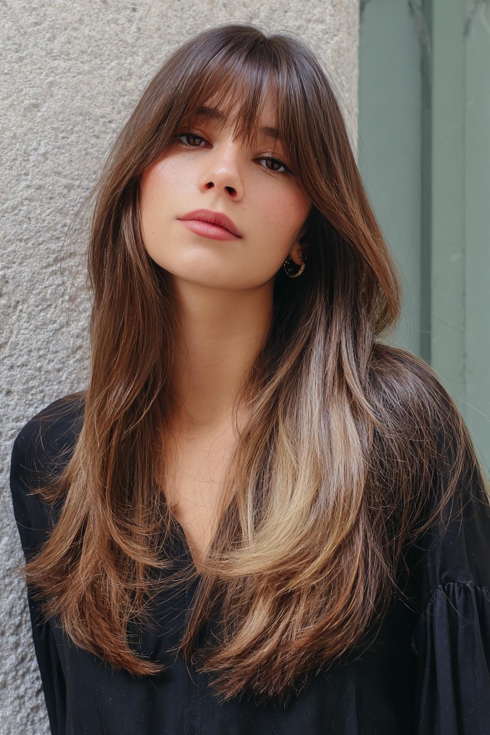 4. Frühlings Haarideen 2026: Curtain Bangs mit Gloss-Finish und sanfter Karamell-Nuance