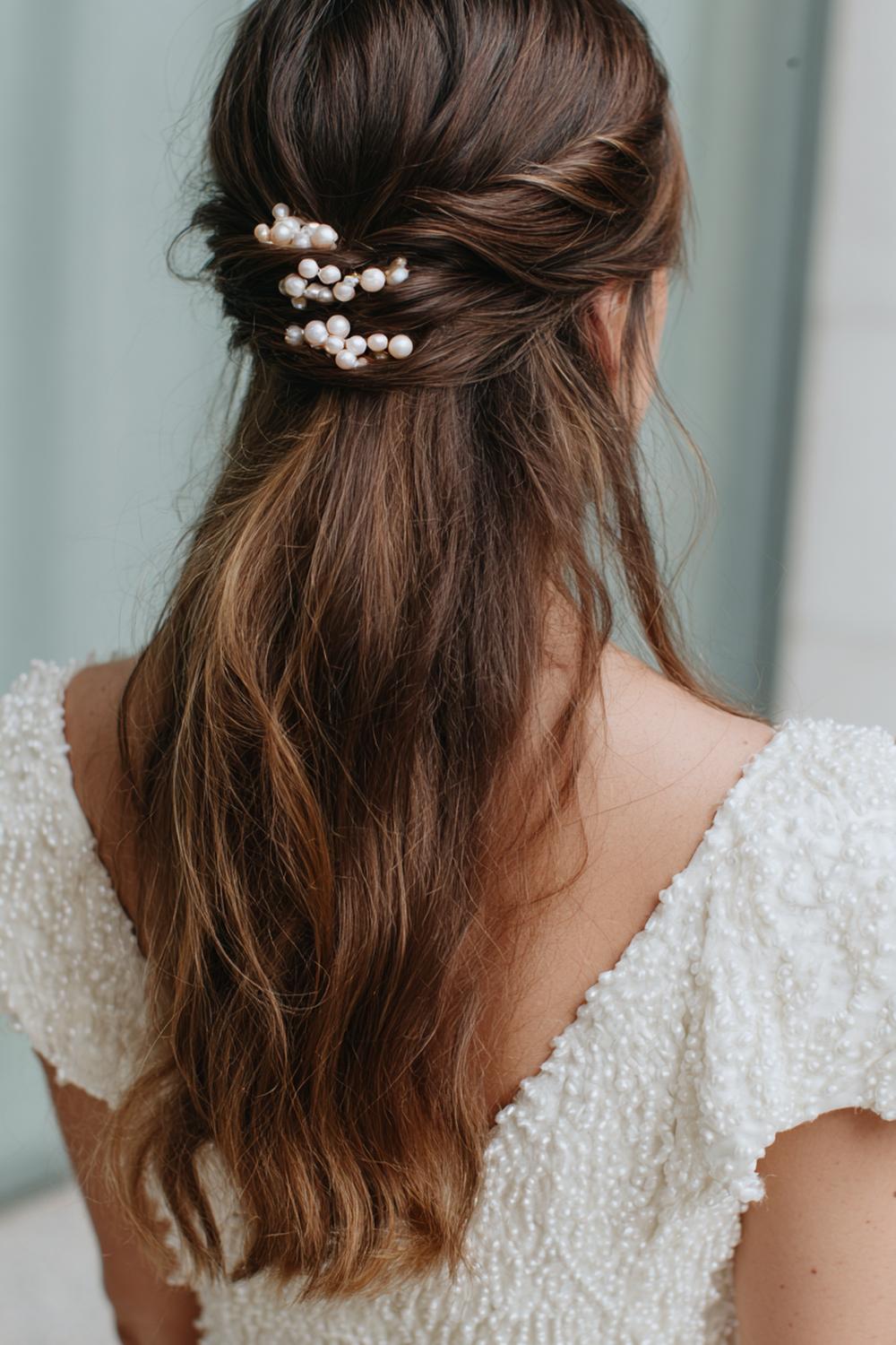 4. Frühlings Haarideen 2026: Half-Up Twist mit soften Wellen und Perlenclips