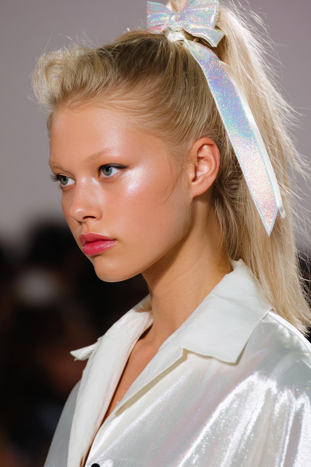 7. Frühlings Haarideen 2026: High Ponytail mit Ribbon-Wrap und spiegelndem Glanz