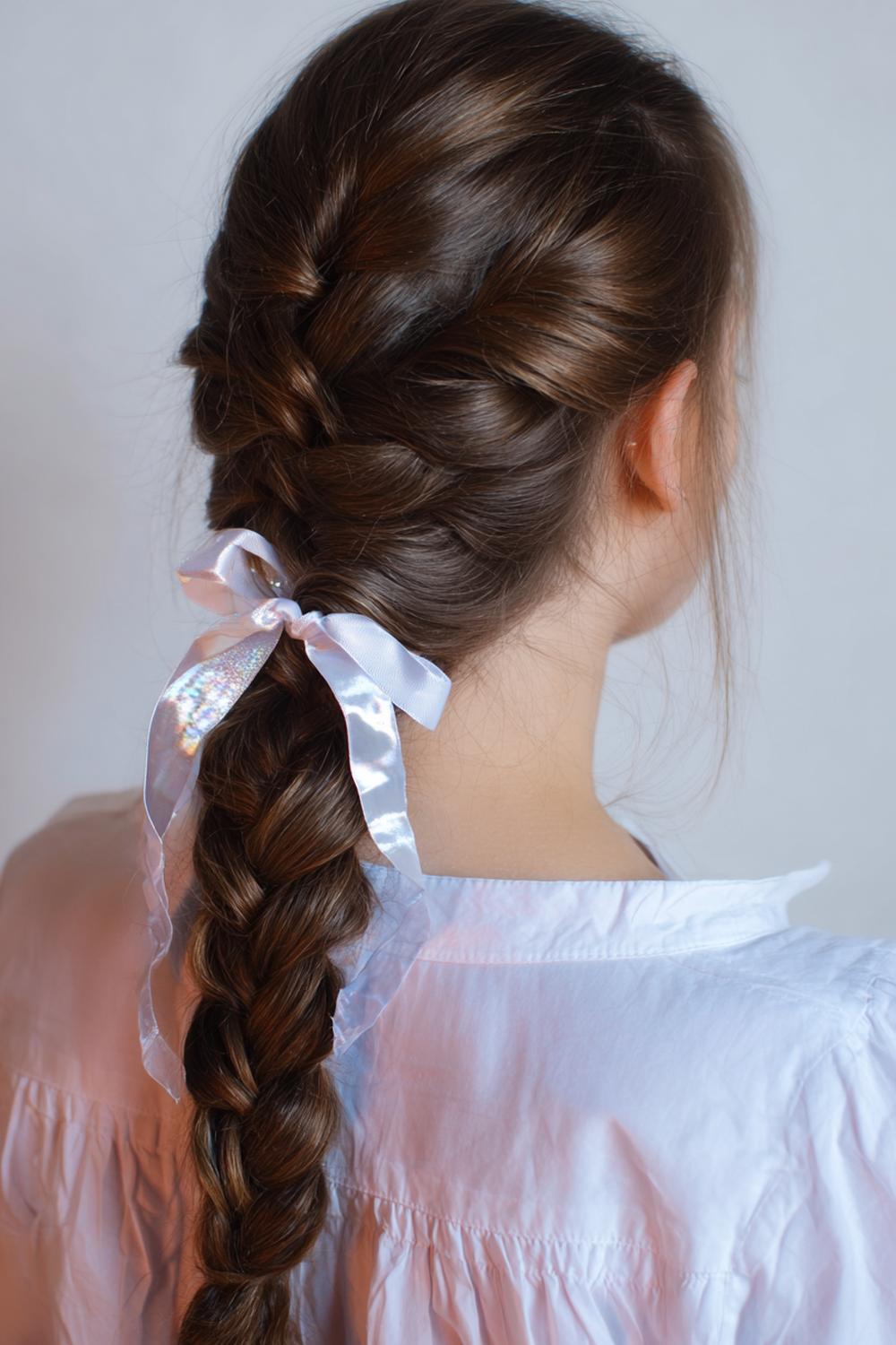 14. Frühlingsfrisuren 2026: Side Braid mit Banddurchzug und glänzender Strähnenordnung