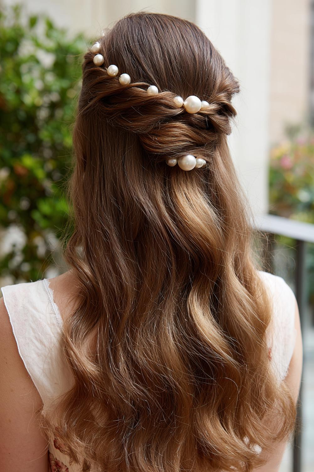 6. Frühlingsfrisuren 2026: Half-Up Twist mit Perlenpins und sanfter Föhnbewegung