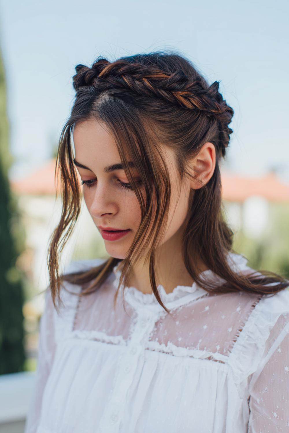 7. Frühlingsfrisuren 2026: Geflochtener Kronenlook mit Babyhaaren und Frühlingsglanz