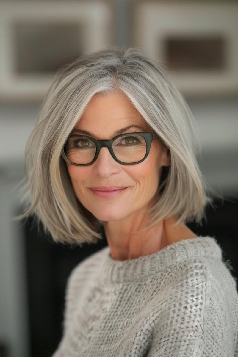 Grauer Bob mit Brille