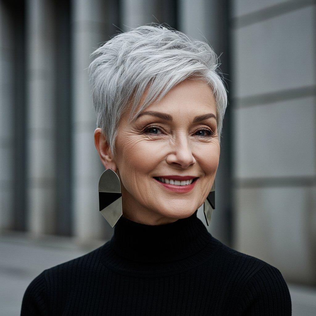 Grauer Pixie Cut Frau über 50