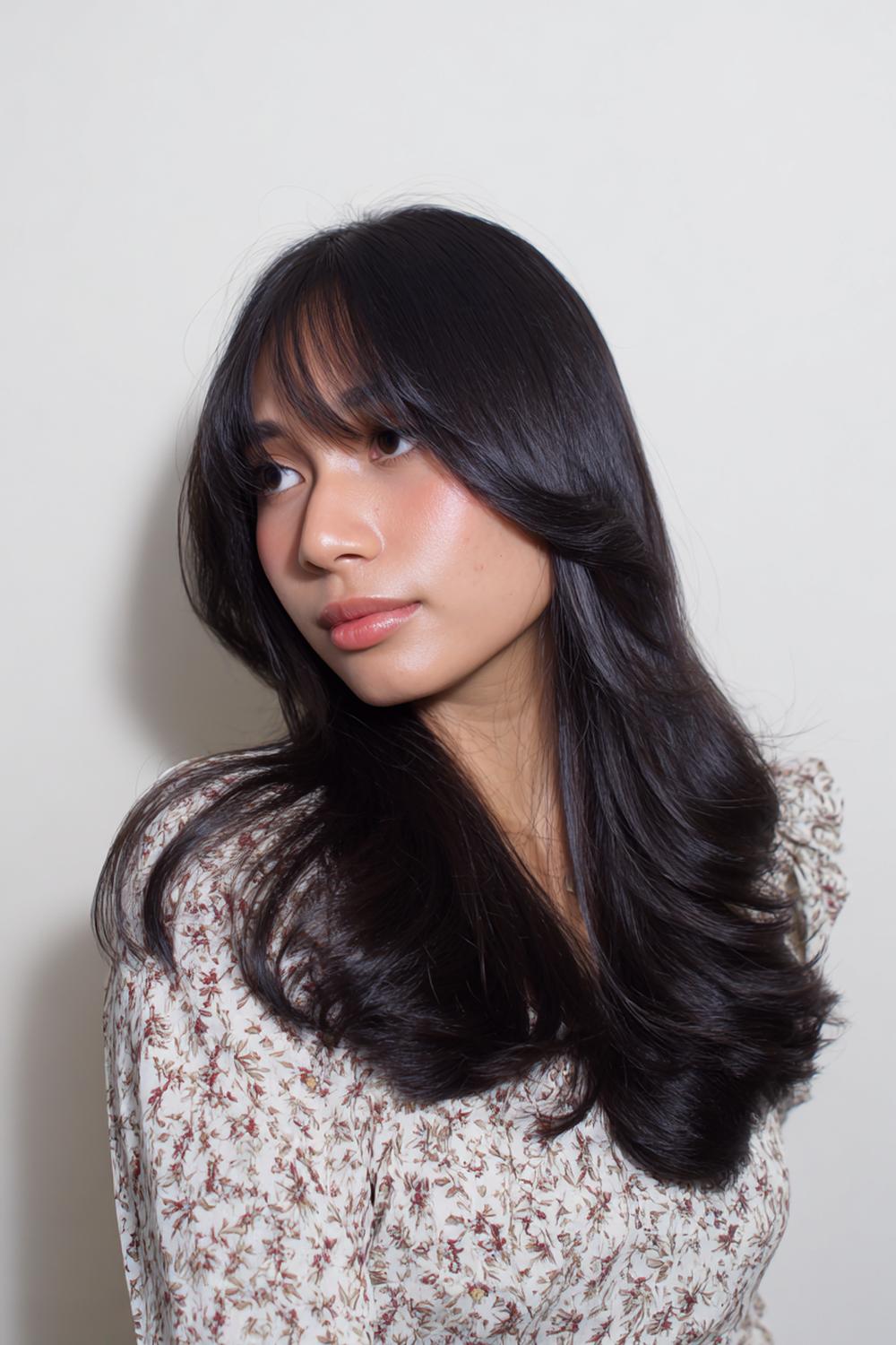 16. Haartrends 2026: Curtain Bangs Styling mit weichem Bogen und glänzender Föhnform