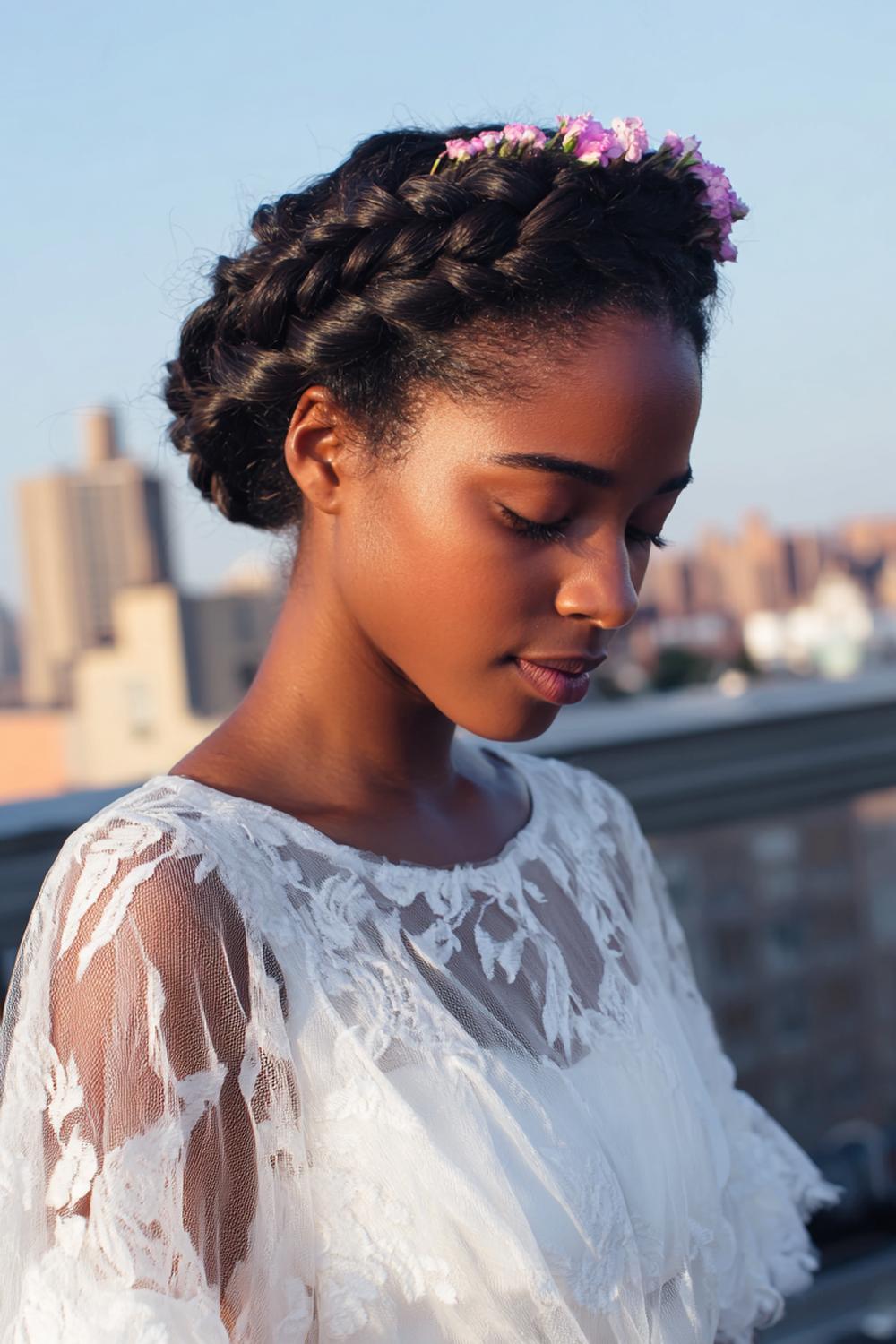 22. Haartrends 2026: Romantic Braided Crown mit lockeren Zöpfen und soften Babyhaaren