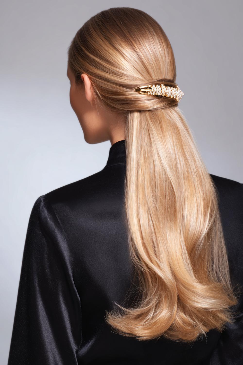 1. Half Up Half Down Frisur mit Sleek-Mittelscheitel und Chrom-Spange