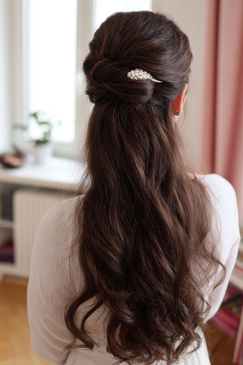 13. Half Up Half Down Frisur mit Claw-Clip in Marmoroptik und undone Wellen