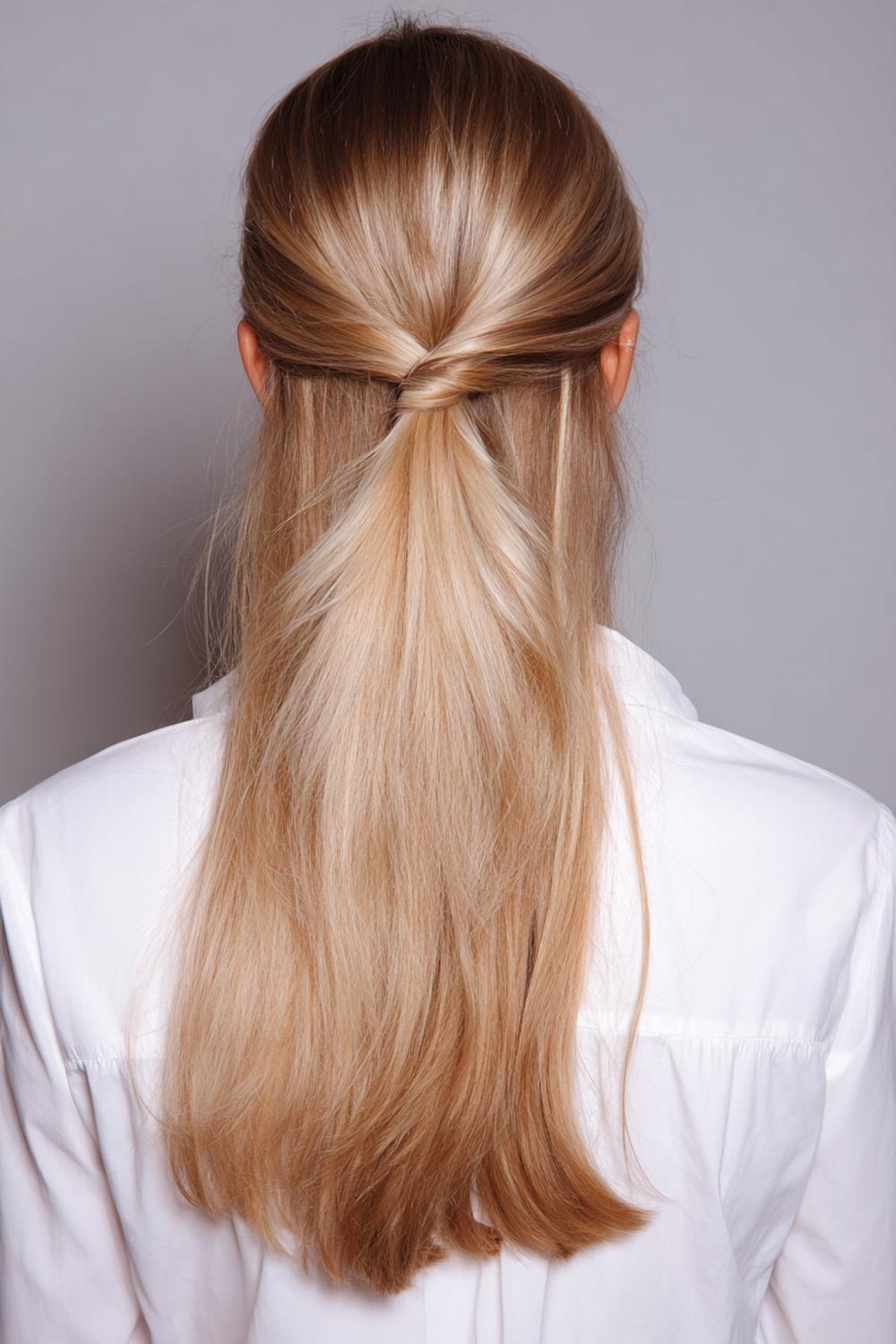 15. Half Up Half Down Frisur mit Sleek-Halbknoten und geradem, stumpfem Schnitt