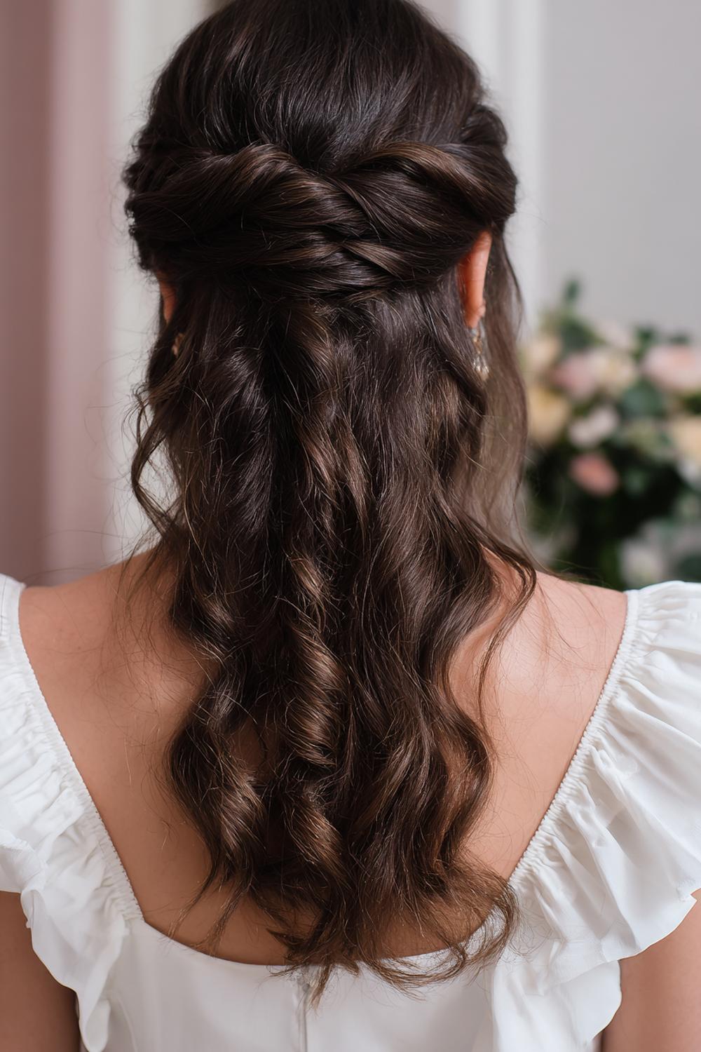 16. Half Up Half Down Frisur mit French-Twist-Detail und zarten Haarnadeln