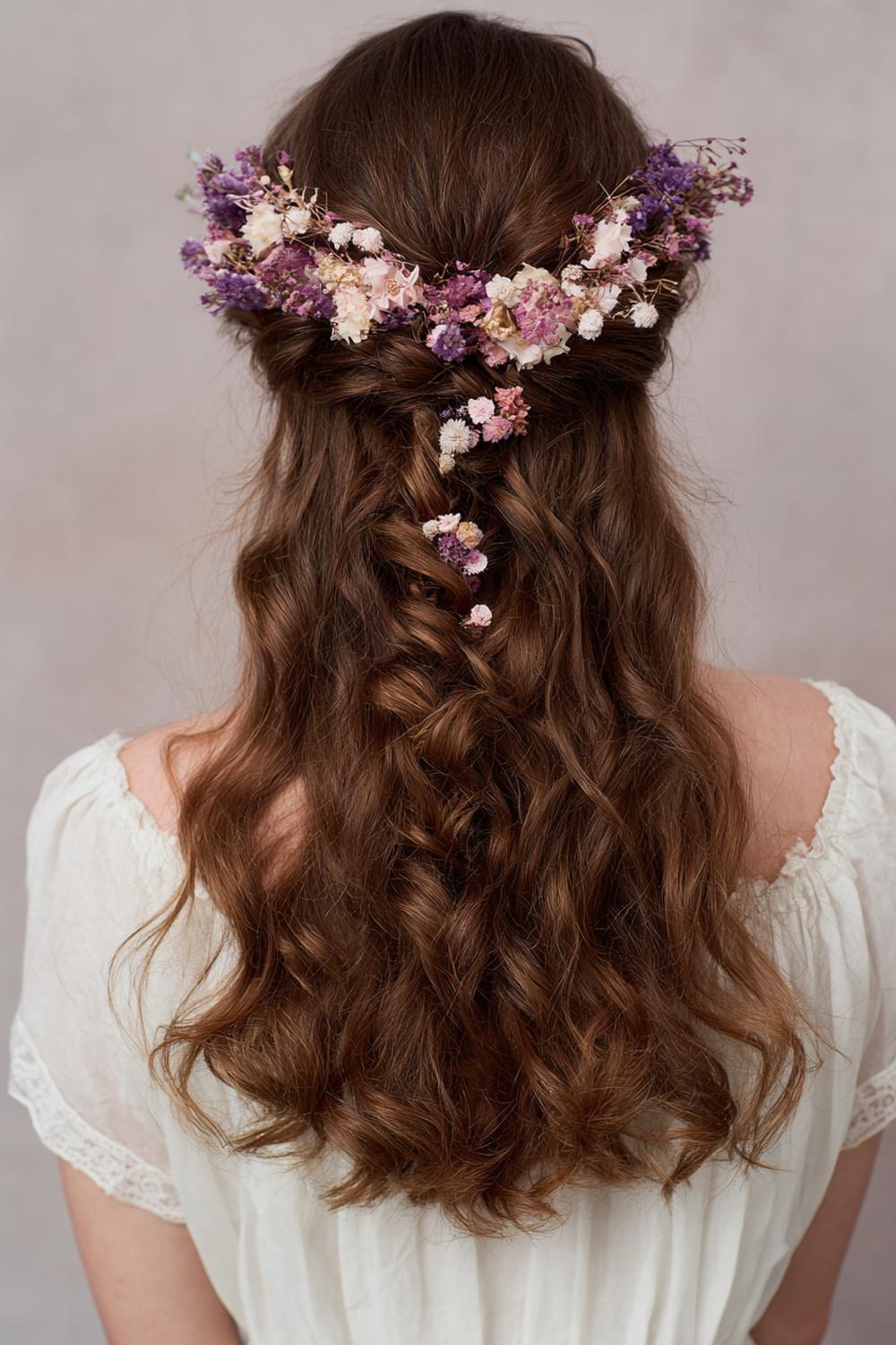 19. Half Up Half Down Frisur mit floralen Trockenblumen und lockerer Textur