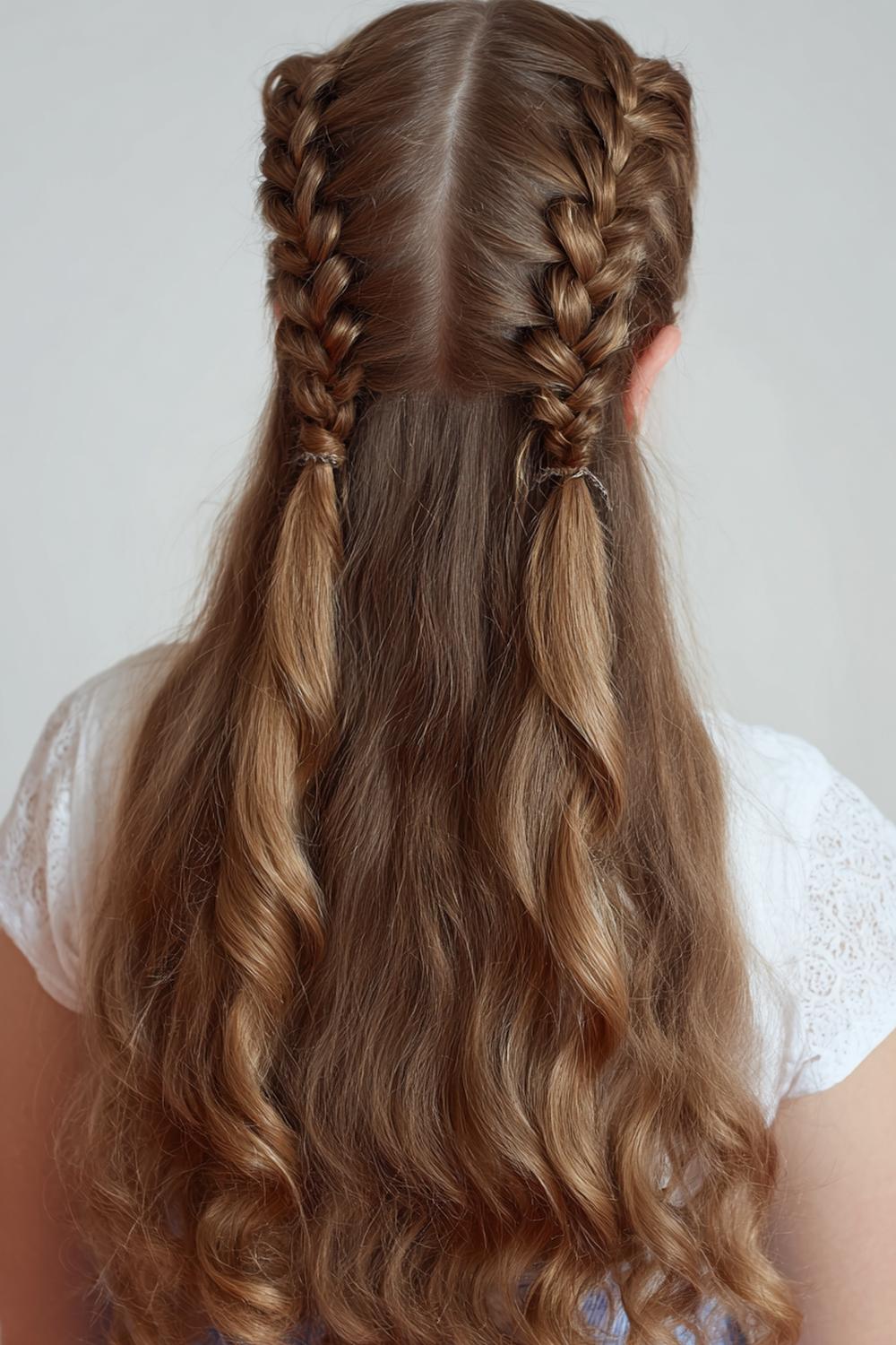 20. Half Up Half Down Frisur mit geflochtenen Pigtails oben und glatten Enden
