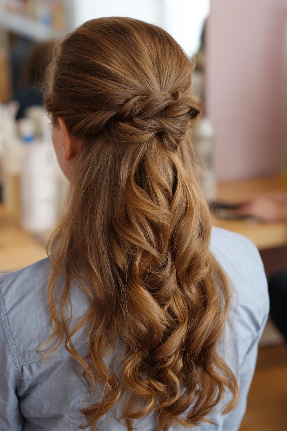 21. Half Up Half Down Frisur mit seitlicher Spange und asymmetrischer Wellenkaskade