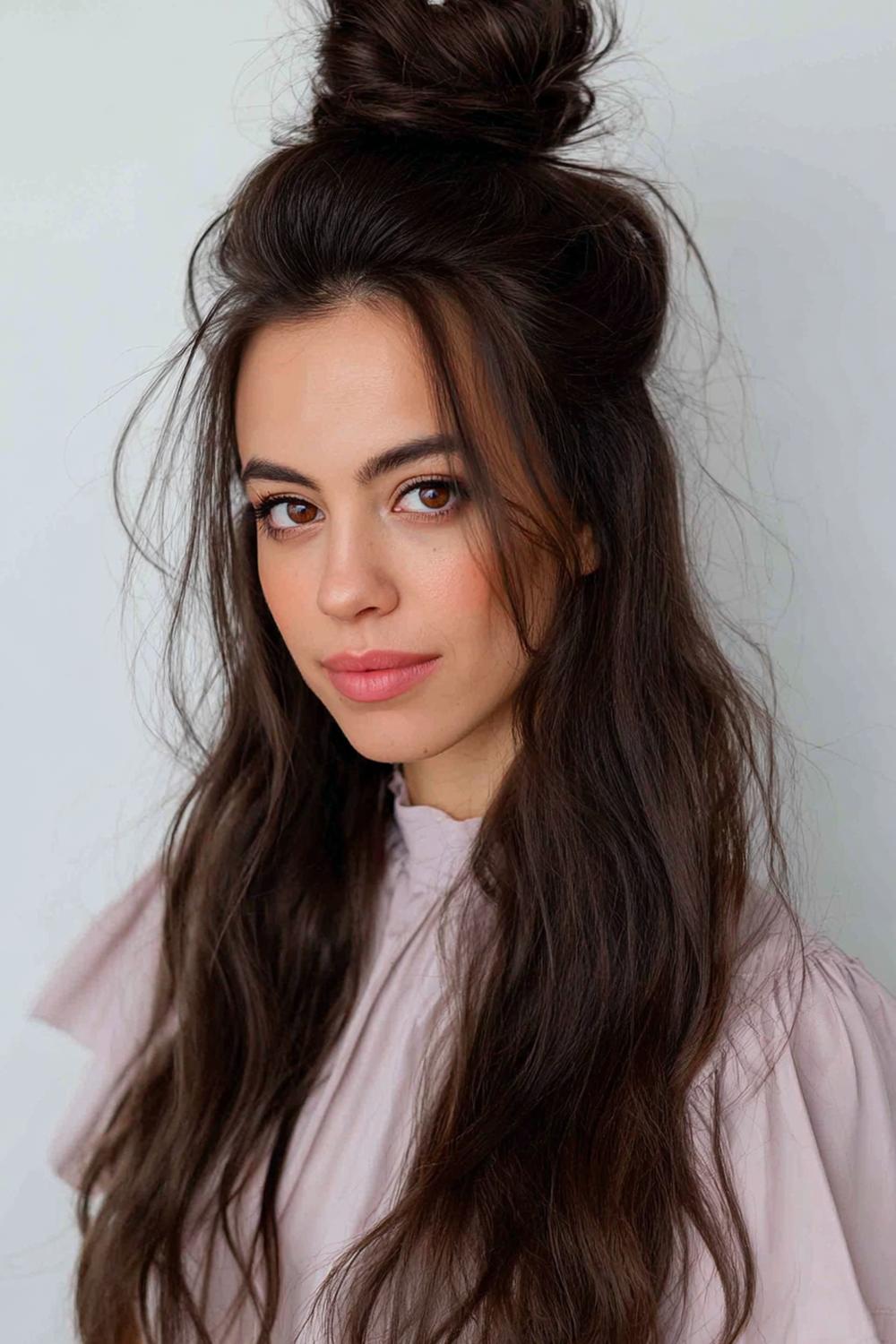 23. Half Up Half Down Frisur mit Messy-Half-Bun und weichen Face-Framing-Strähnen