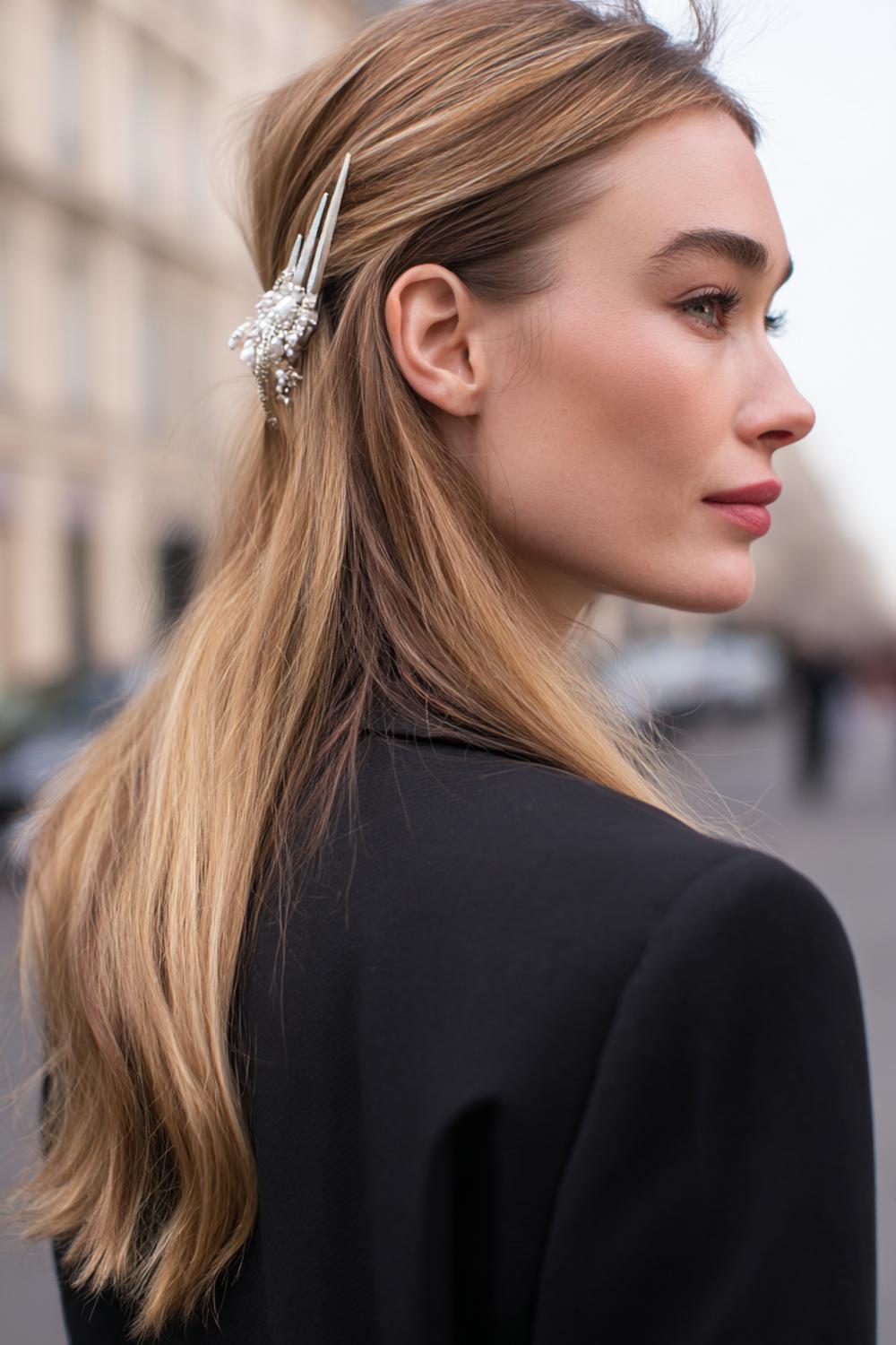 24. Half Up Half Down Frisur mit glänzendem Knoten-Clip und glatten Ansätzen