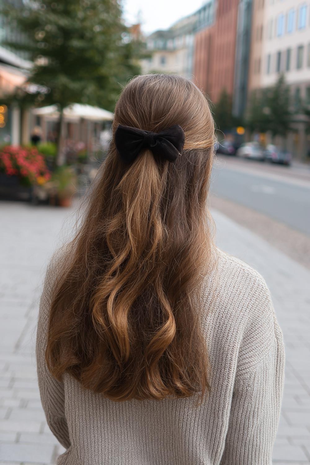 8. Half Up Half Down Frisur mit Low-Bow-Knoten und seidigen Spitzen