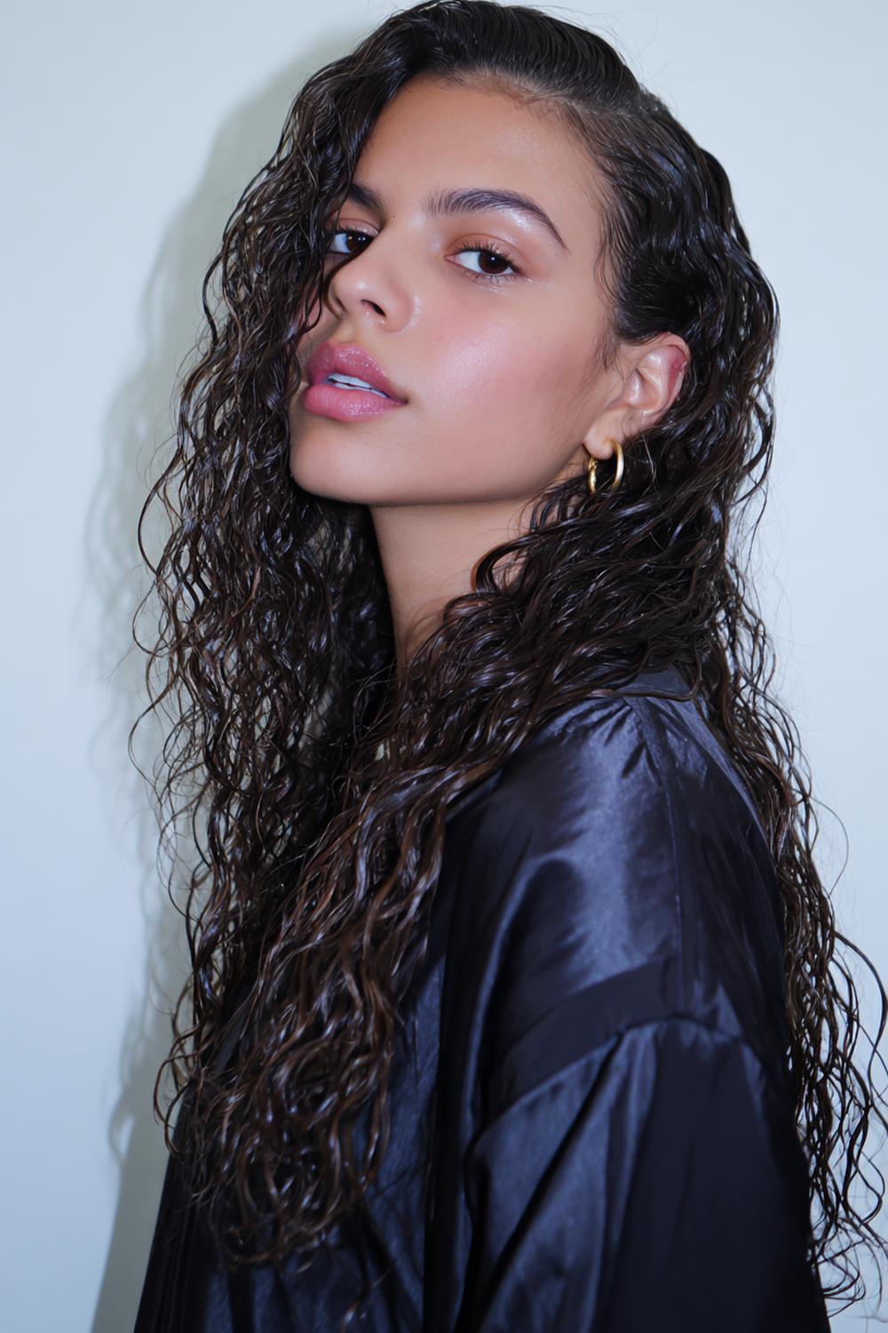 9. Half Up Half Down Frisur mit Wet-Look-Ansatz und trockener Wellenlänge