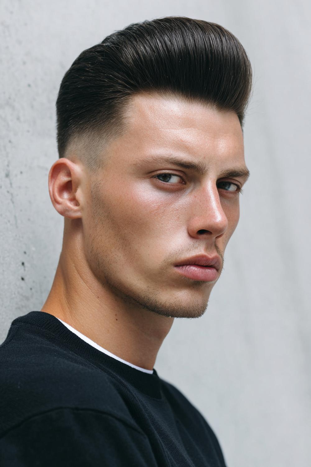 13. Herren Frisuren 2026: Modern Pompadour mit hoher Front und feinem Fade
