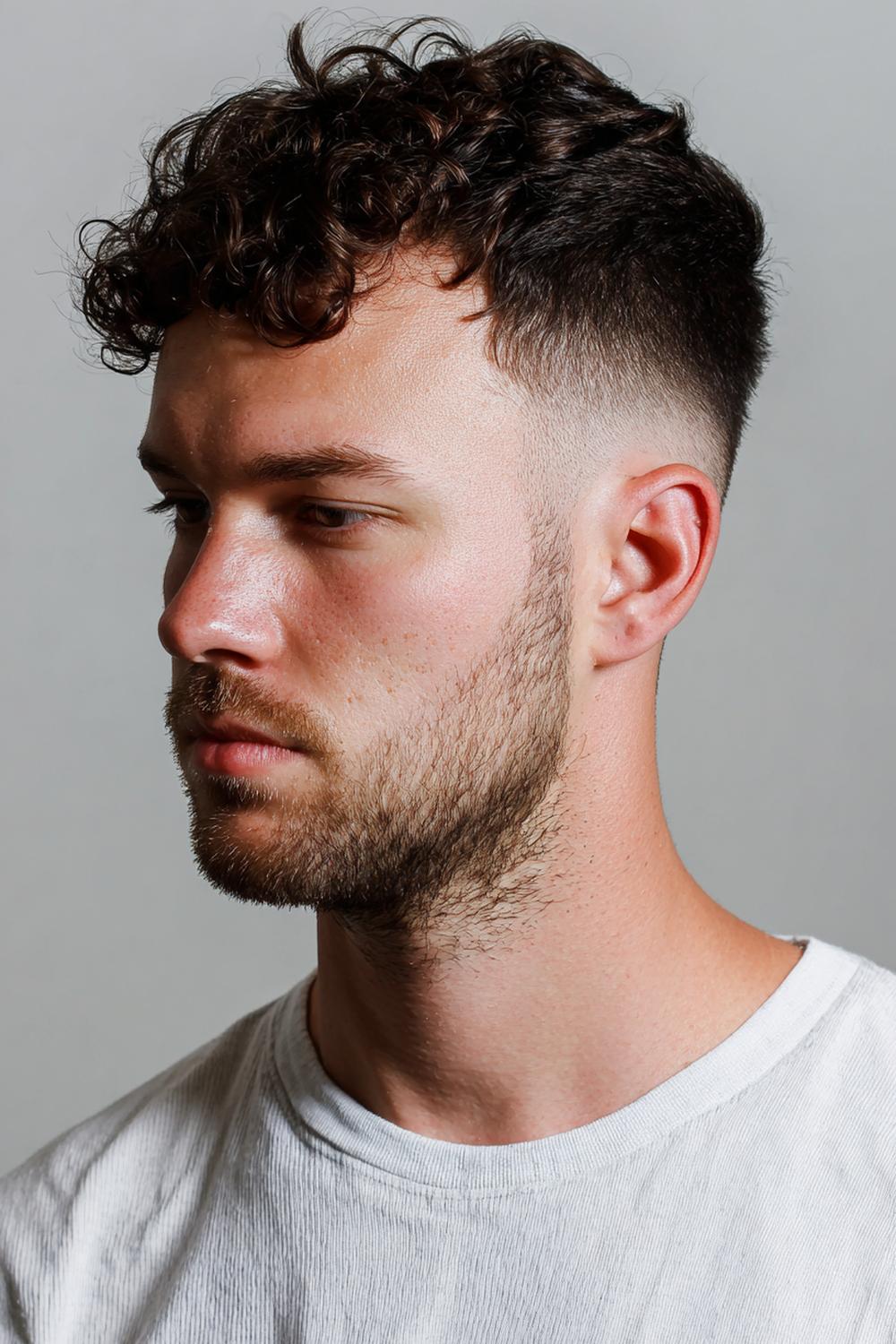 16. Herren Frisuren 2026: Temple Fade mit markierten Schläfen und Locken oben