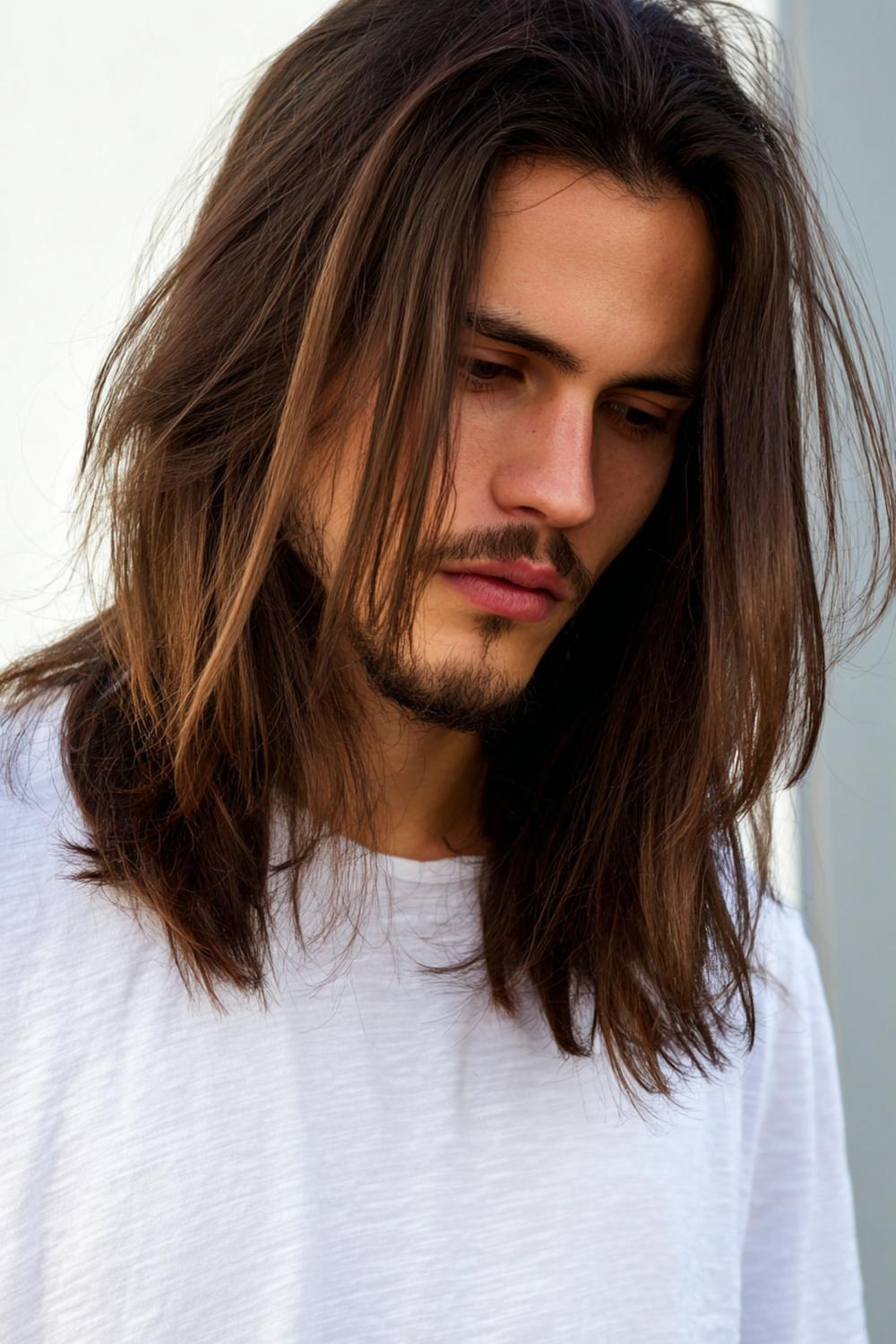 21. Herren Frisuren 2026: Layered Long Hair mit Gesichtsumrahmung und Mittellinie