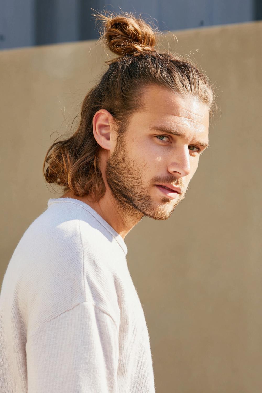 22. Herren Frisuren 2026: Man Bun mit sauberem Nacken und losen Frontsträhnen