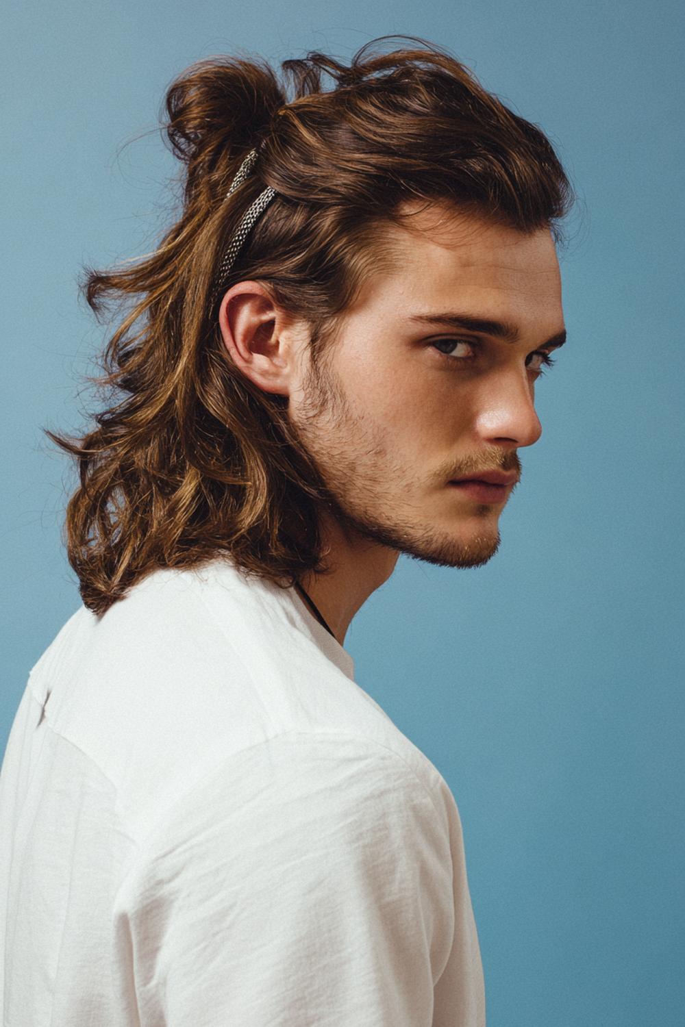 23. Herren Frisuren 2026: Half-Up Herren Frisur mit Wellenlängen und Texturband