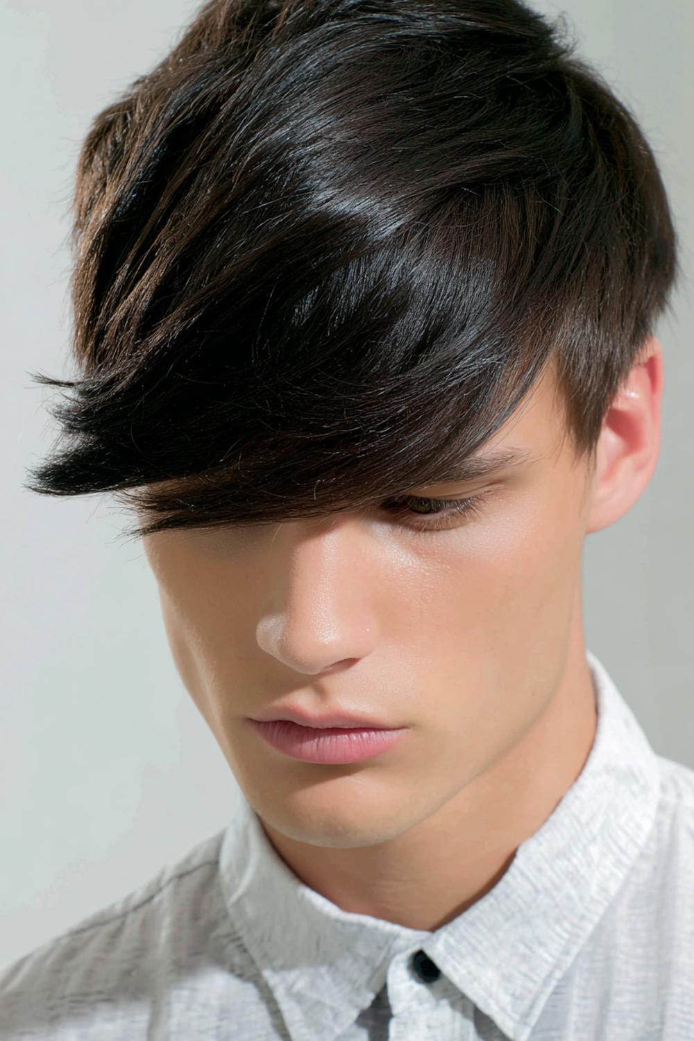 27. Herren Frisuren 2026: Asymmetrischer Fringe Cut mit diagonaler Linie und Taper