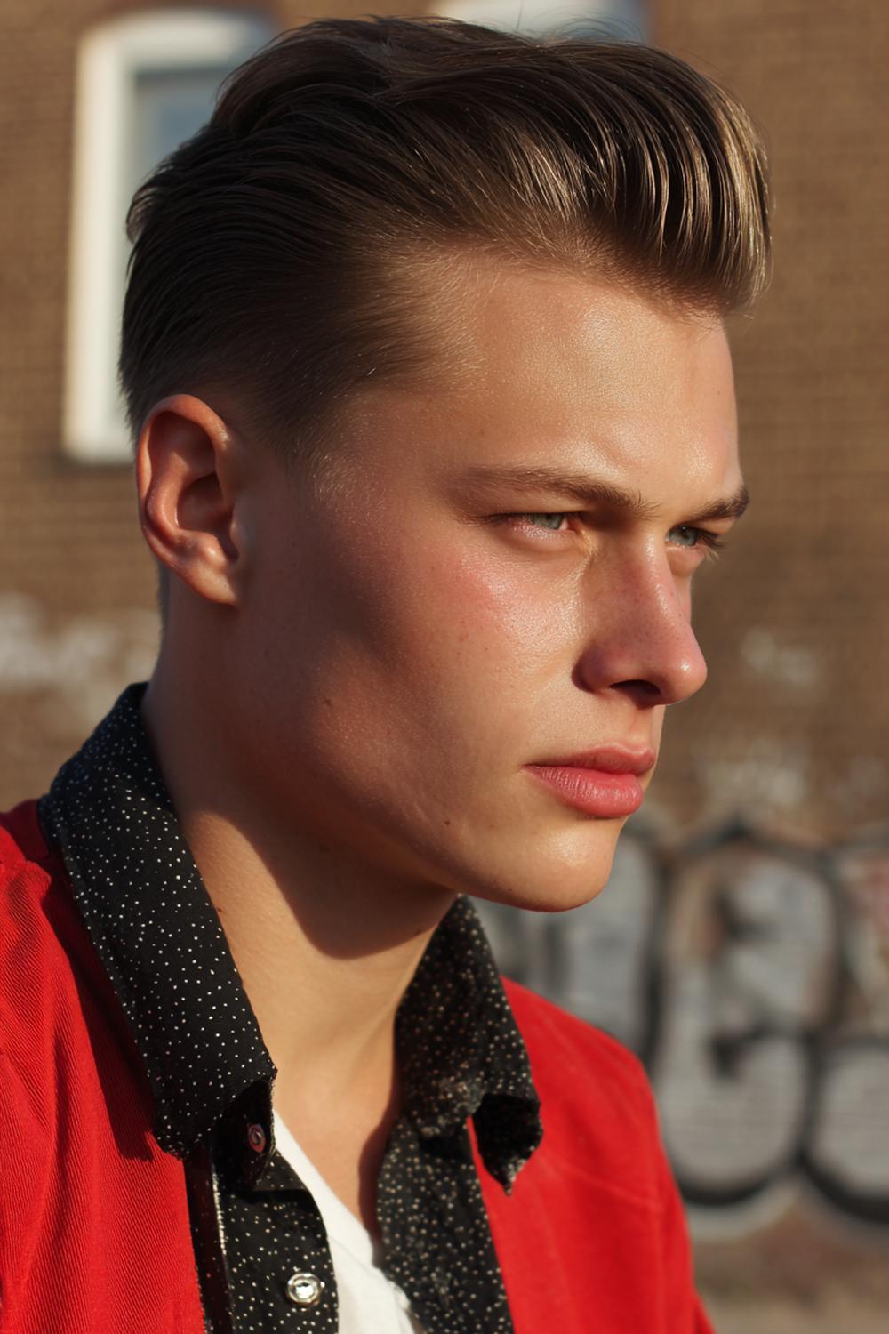 29. Herren Frisuren 2026: Greaser-Revival Frisur mit Kammrillen und weichem Fade