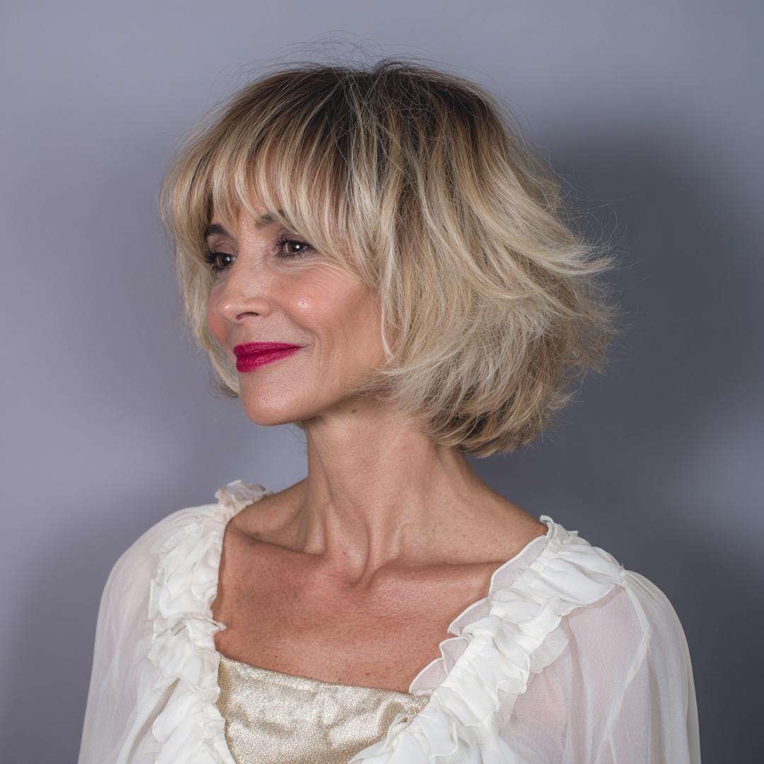 Blond Balayage Stufiger Bob Mit Pony