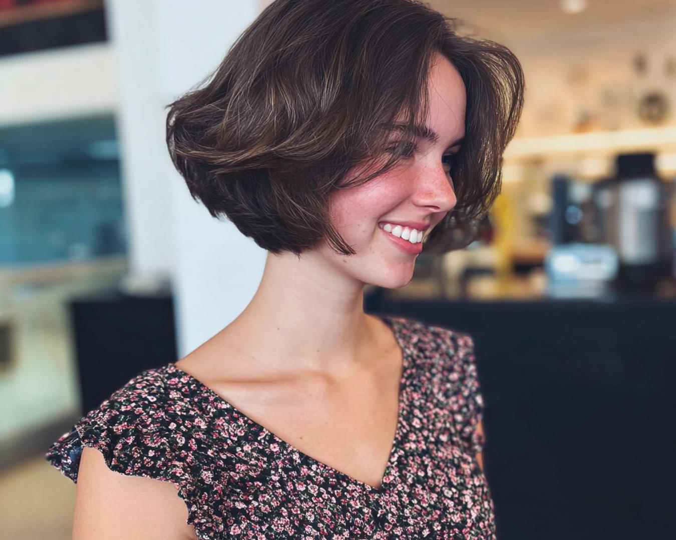 Chin Length Wavy Brunette Bob