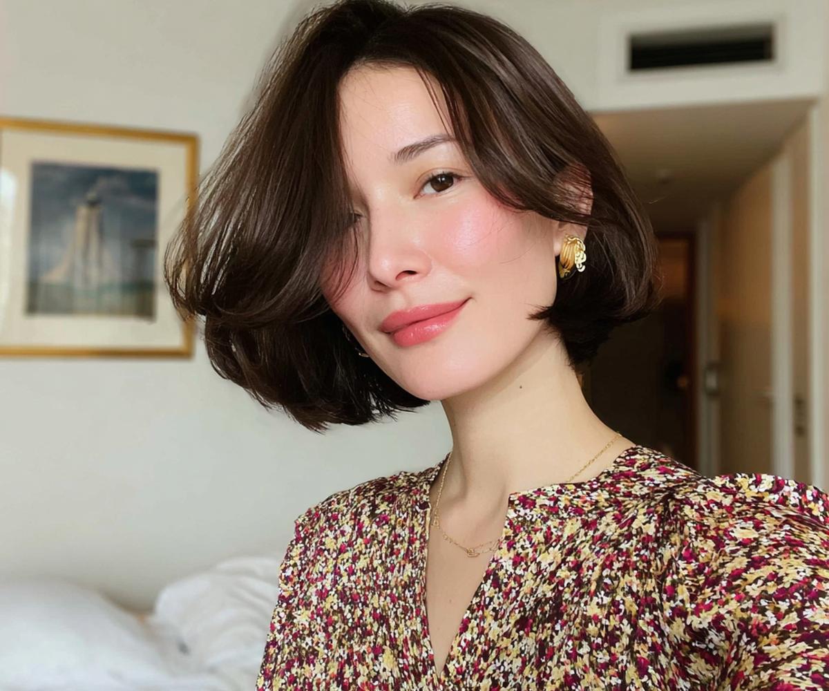 Brunette Bubble Bob With Curtain Bangs