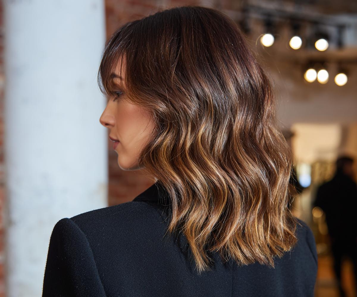 Schulterlanges Balayage in Karamellbraun