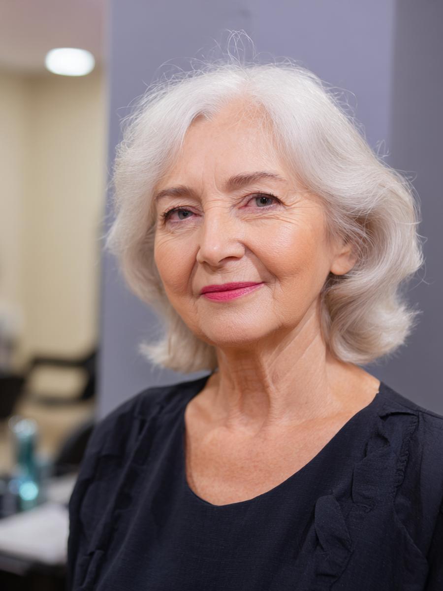 Weißes Schulterlanges Haar Wellig