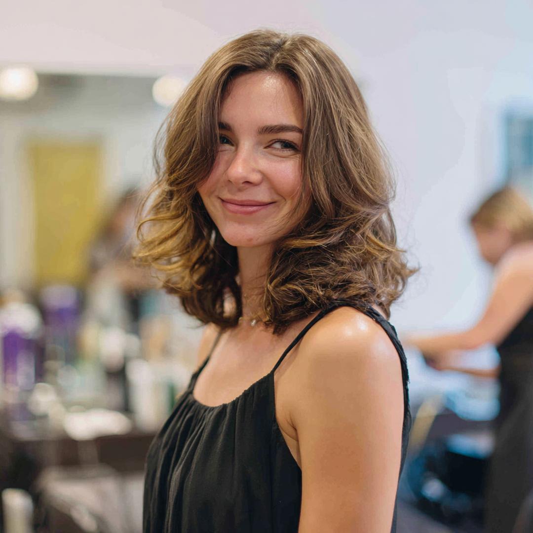 Schulterlanger Stufenschnitt Braune Wellen