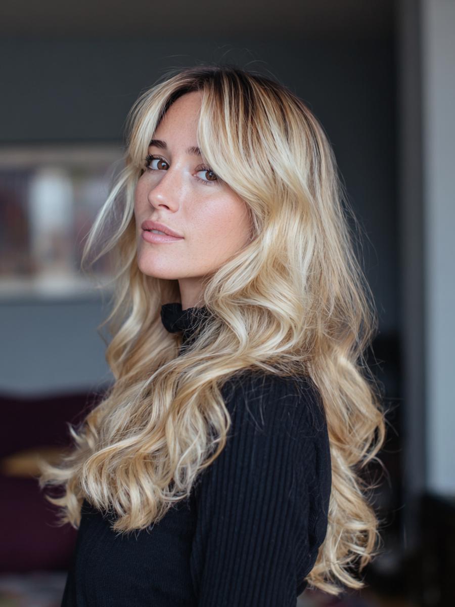 Lange Blonde Wellen Mit Curtain Bangs