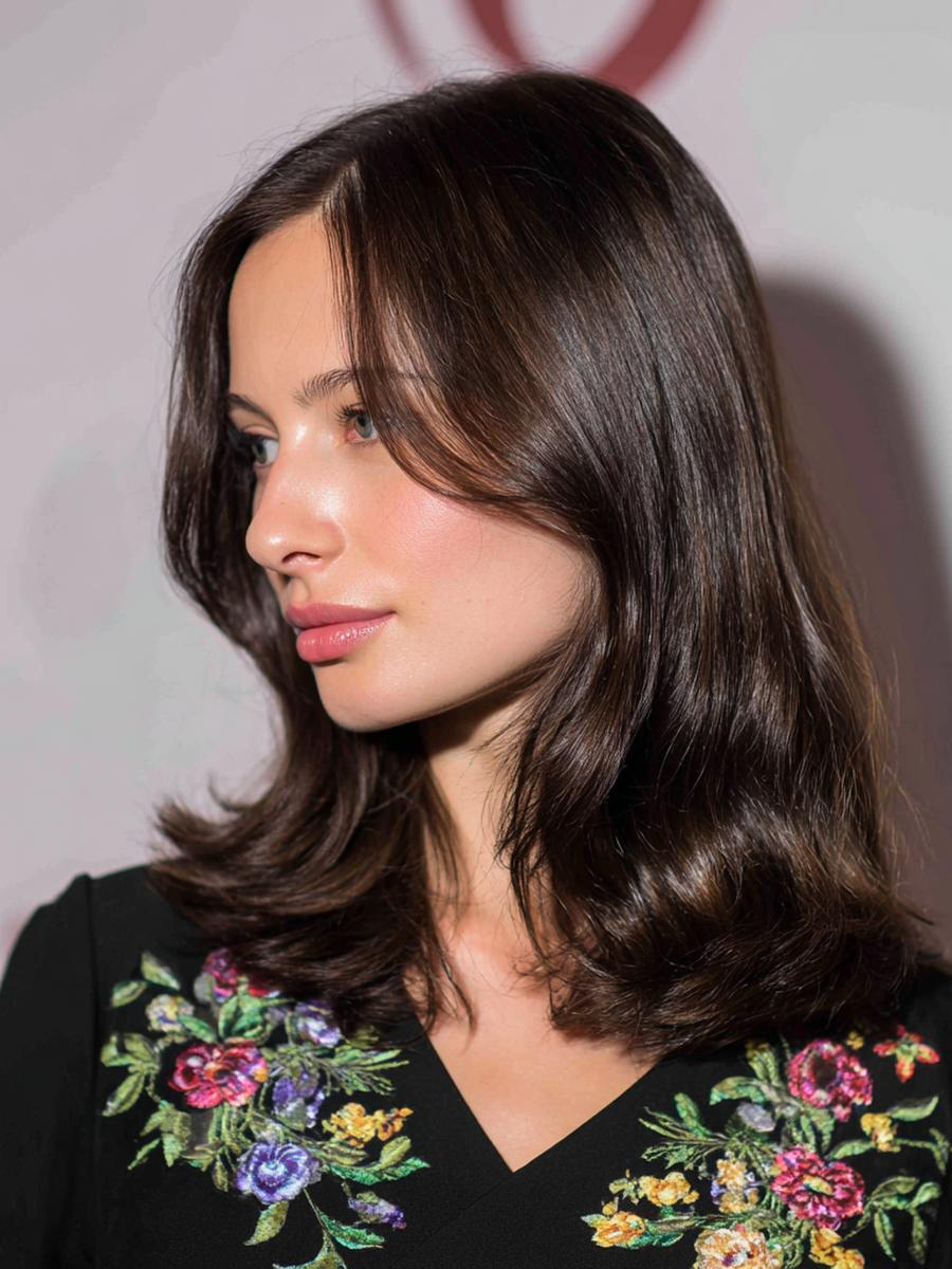 Mittellang Dunkelbraun Mit Curtain Bangs