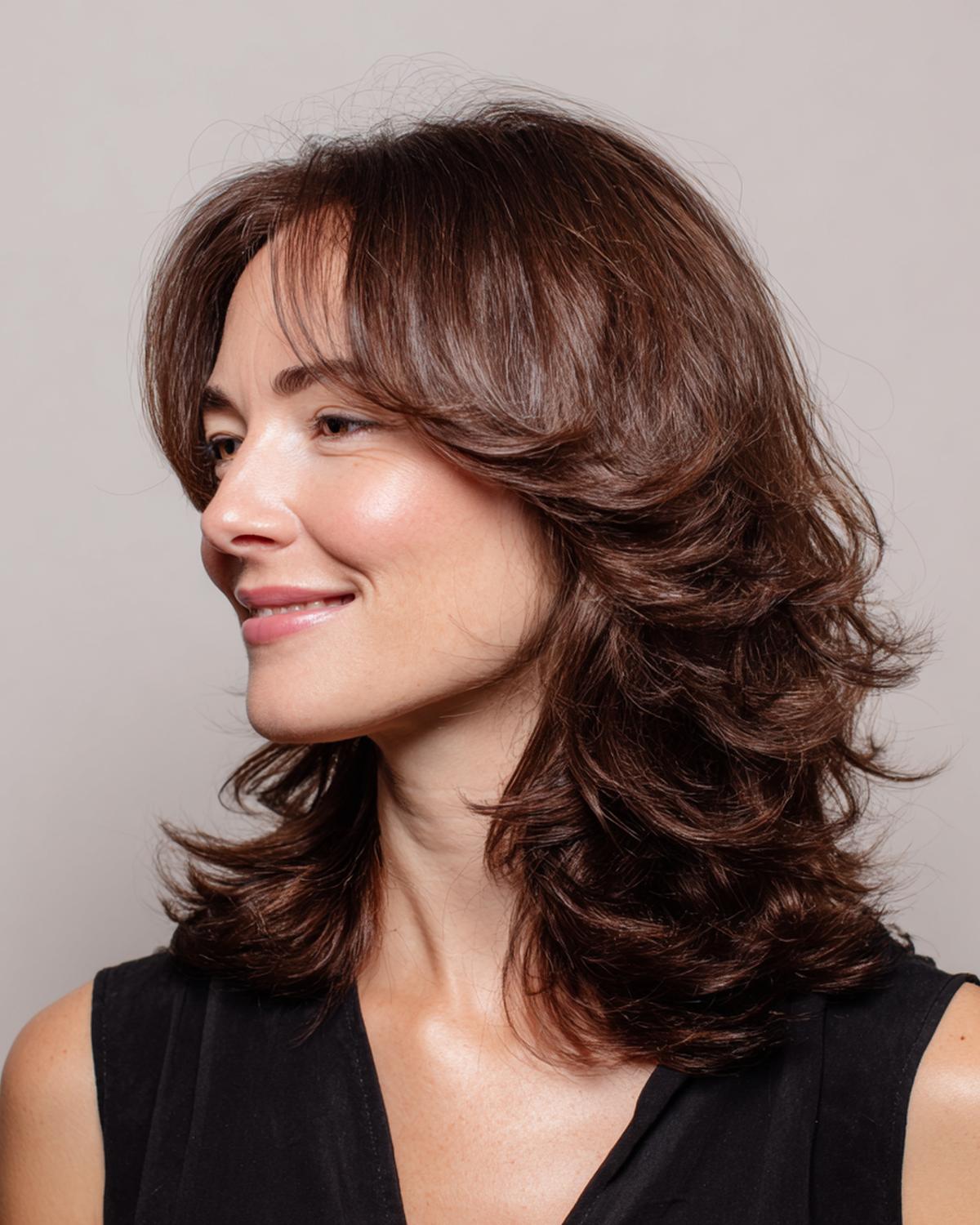 Brauner Mittellanger Stufenschnitt Mit Vorhangpony