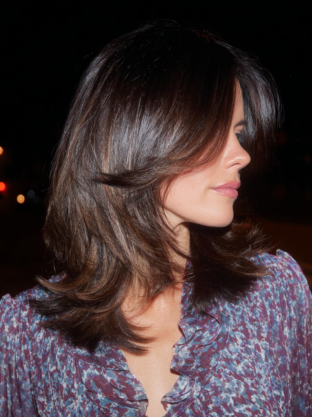 Mittellang Dunkelbraun Stufig Geföhnt