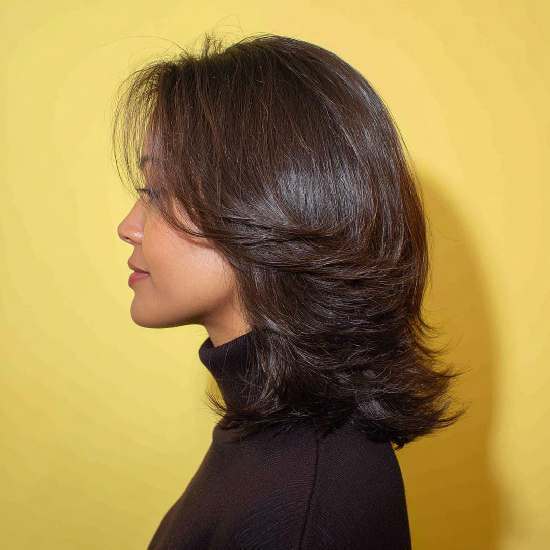 Mittellang Dunkelbraun Gestuft Seitenscheitel