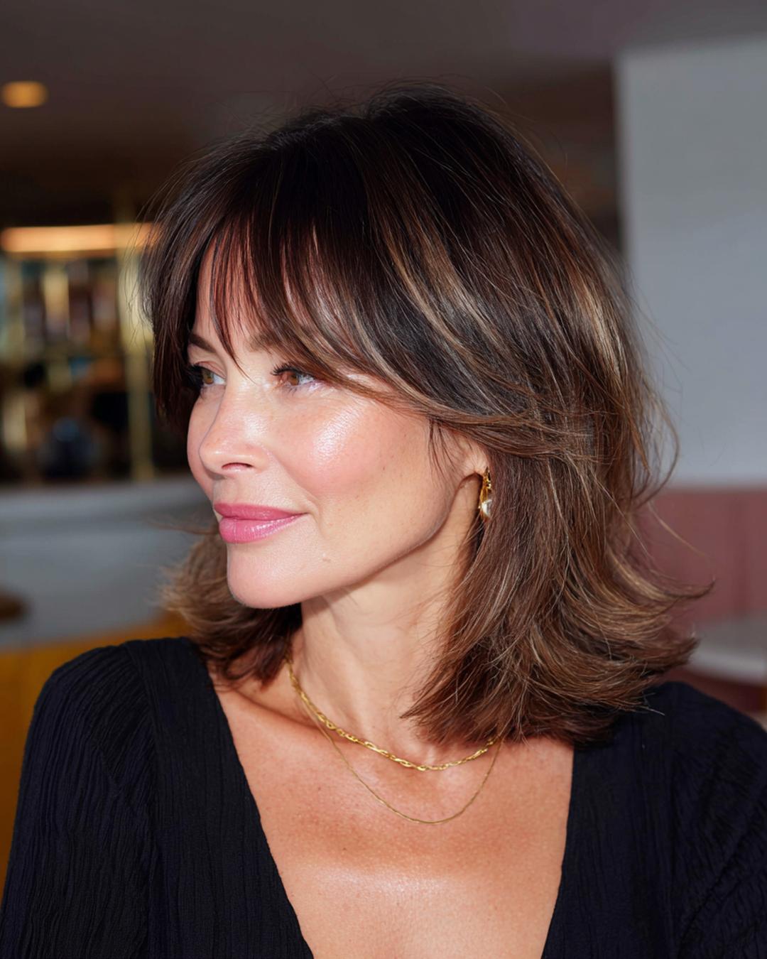 Braun Gestuft Mittellang Mit Pony