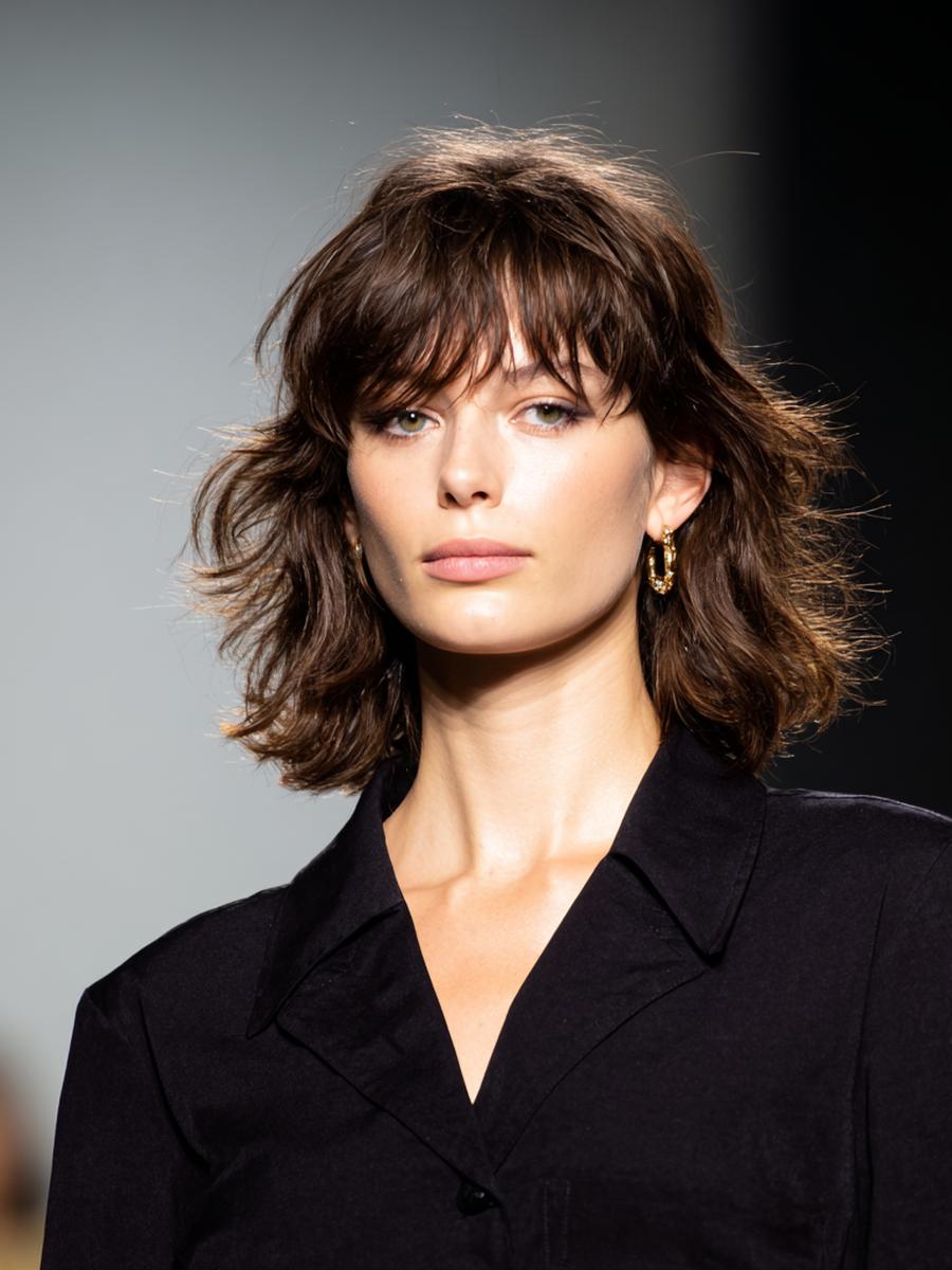 Welliges Braun Mittellang Mit Pony